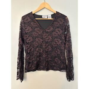 Kathy Ireland Plum & Black Lace V-Neck Long Sleeve Blouse Women's Top Large